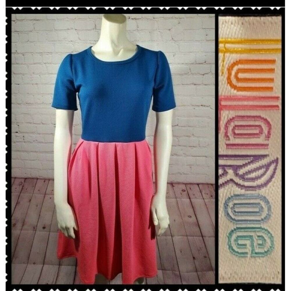 Lula Roe Dress Size Small Womens Blue Pink Short Sleeve Zipper Fit And Flare